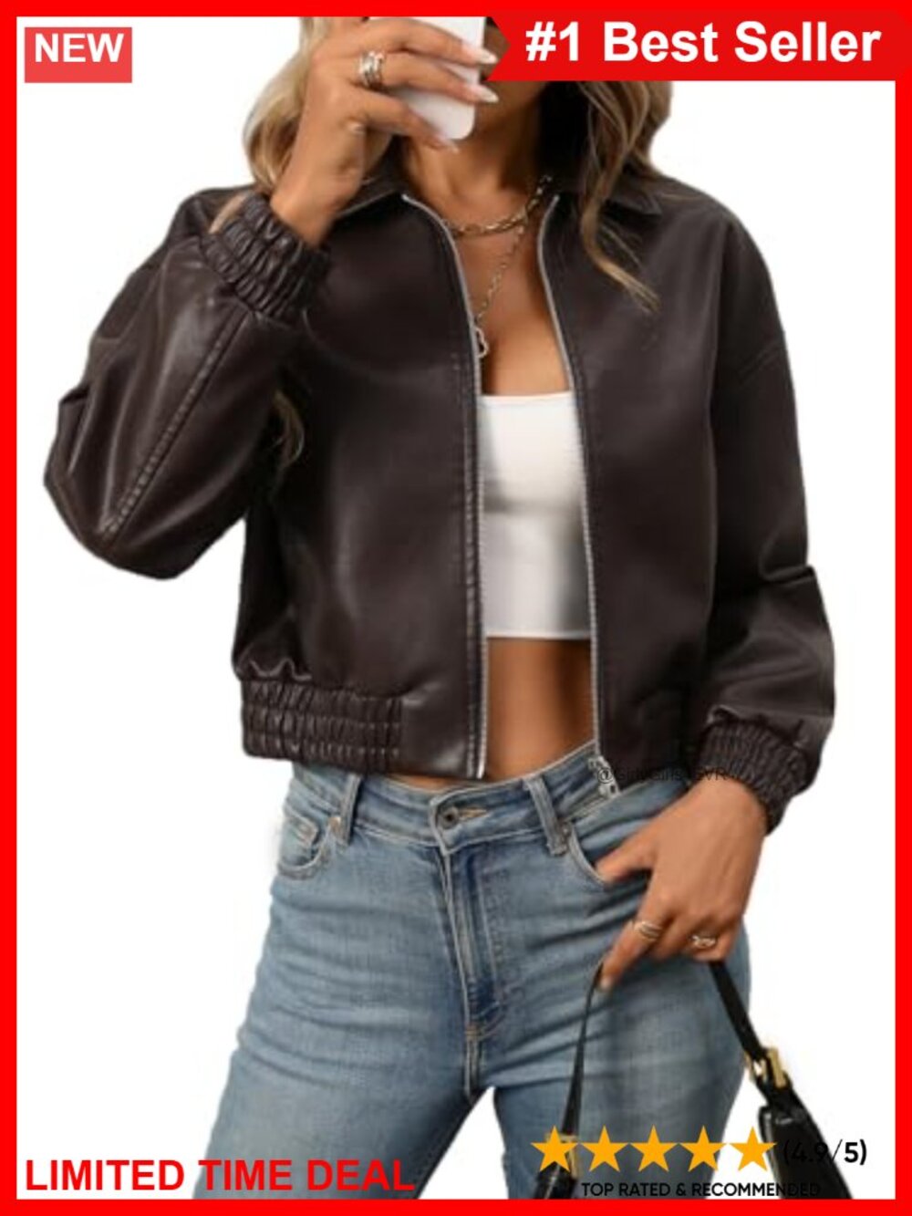 Faux Leather Bomber Jacket Baseball Collar Zip Up Streetwear Casual Coat